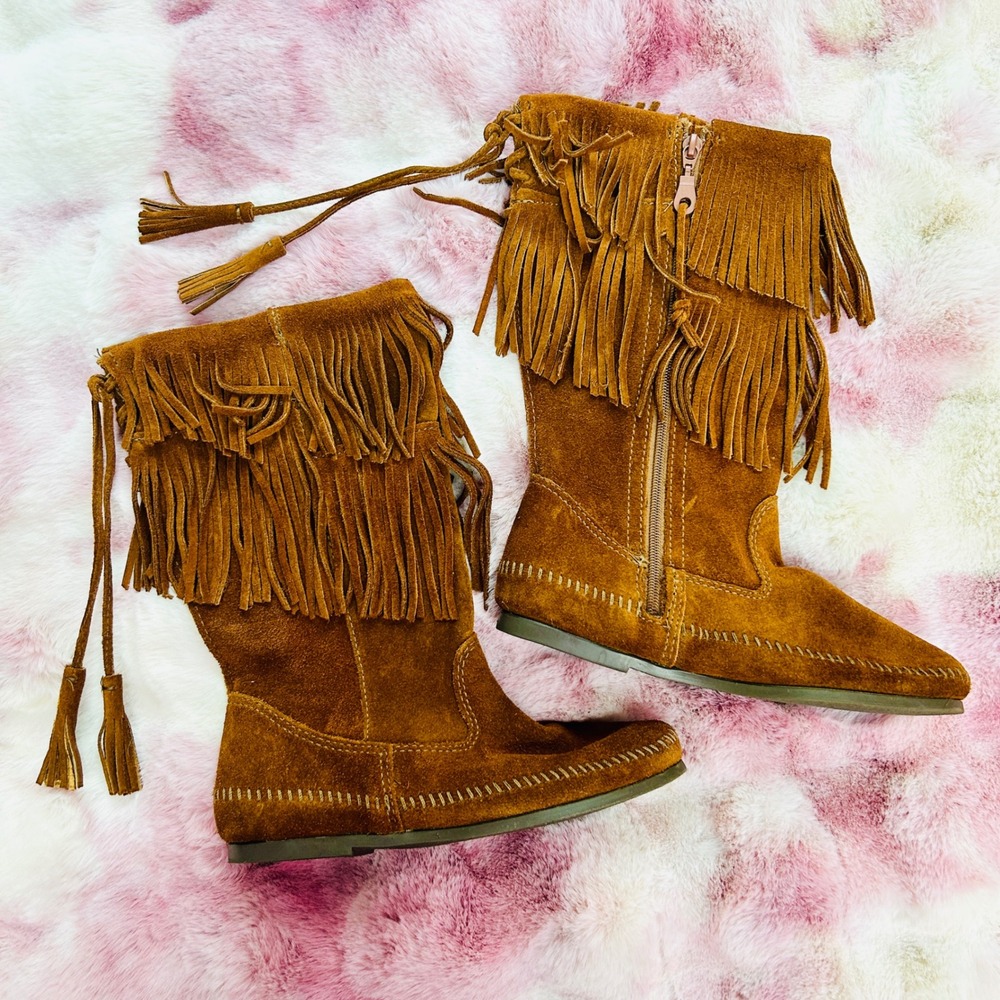 Minnetonka NWOT 2-Layer Fringe Boots Brown Hippie Boho Western‎ Rocker Women 7 - Picture 6 of 6